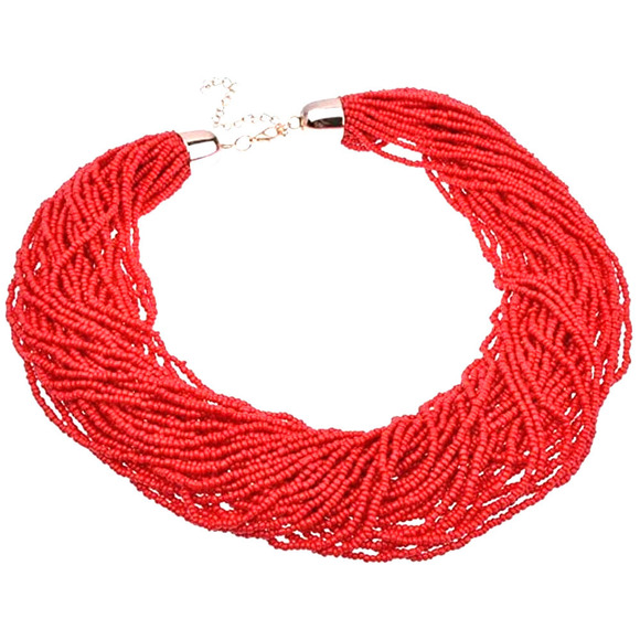 Bright Red Seed Beaded Necklace Boho Chunky Bead Necklace Multi Strand Necklace - Picture 1 of 5